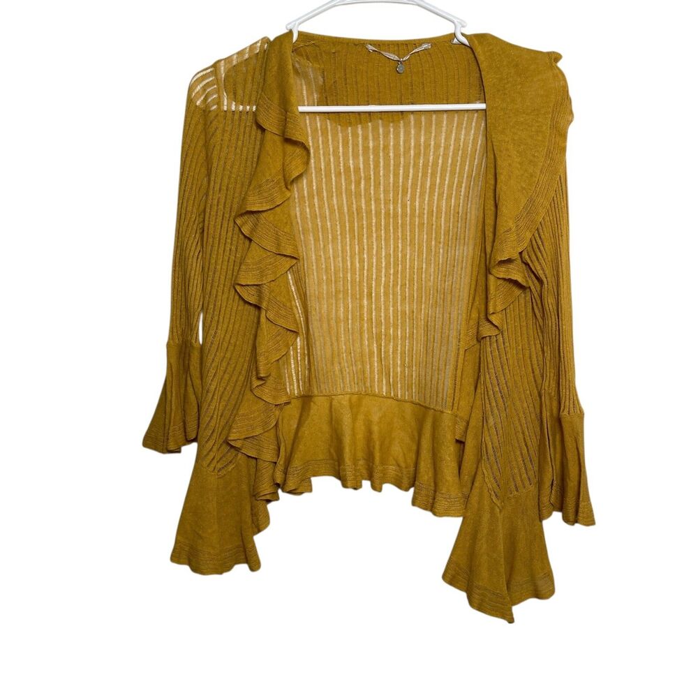 Knitted & Knotted Women's XS Mustard Linen Blend Cardigan Flutter Button Up
